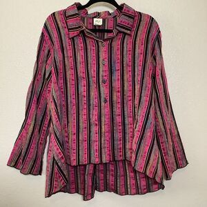 Vintage Pink Colorful Boho Chic Artsy Maximalist Striped Button Down Shirt XL